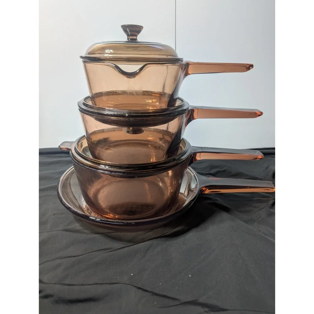 VNTG USA Visions Corning Amber Glass Pyrex Set 0.5L 1.5L 2.5L Pots/Lids Skillet